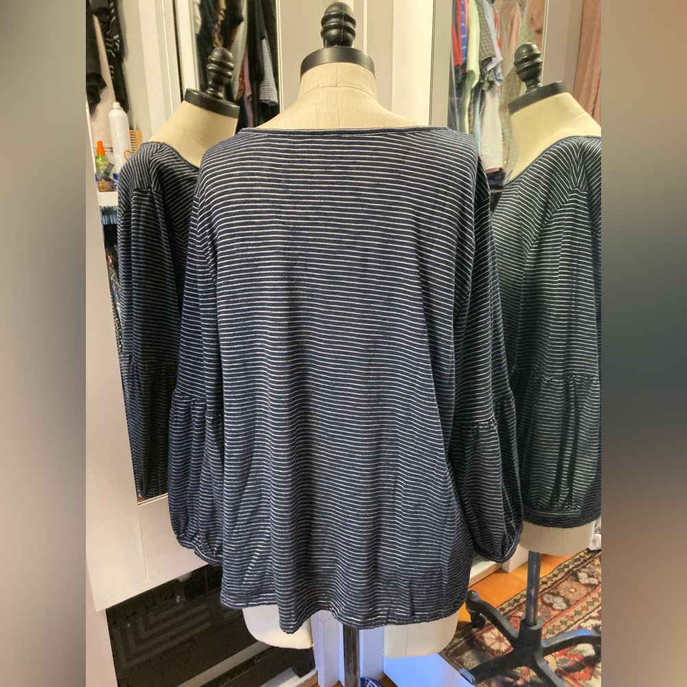 LOFT Striped Navy and White Women's Top with 3/4 Trumpet Sleeves, Size XL - Picture 3 of 10